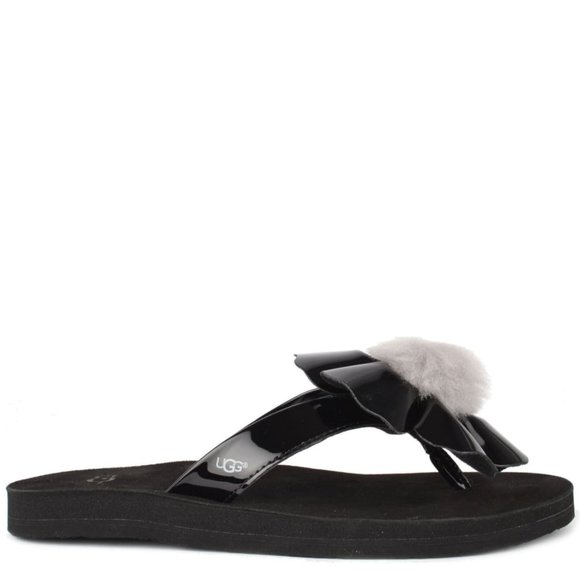 NEW UGG Women Poppy Black Patent Sheepskin Fur Pompom 3D Flower Flip Flop Dress - Picture 2 of 5